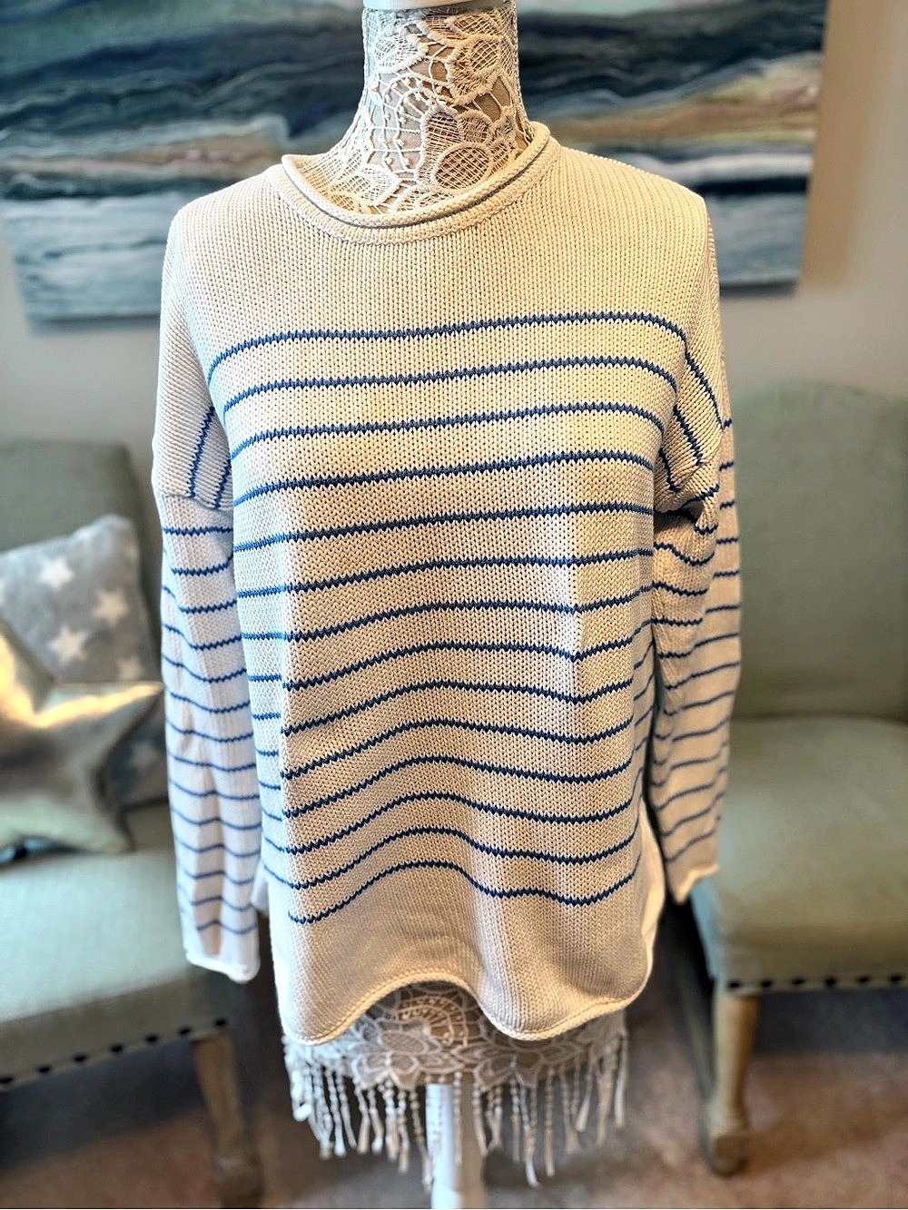 Lilly Pulitzer Striped Cotton Sweater in White & Blue Large